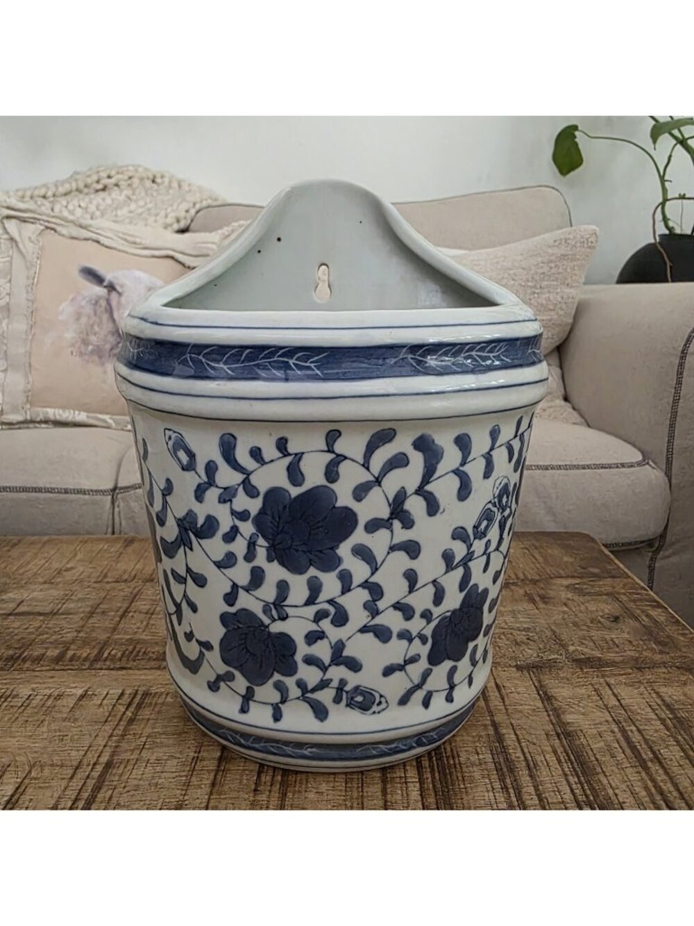 Blue & White Chinoserie Floral Wall Pocket Planter Ceramic 9.75"